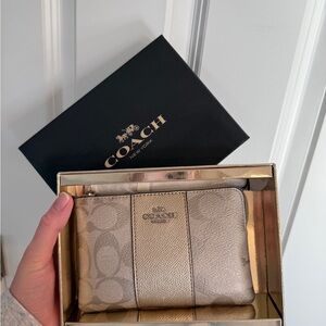 NEW Coach Gold Wristlet with Signature Pattern